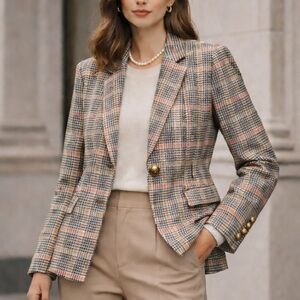 LOFT Plaid Blazer Size 14 Tailored Preppy Neutral Quiet Luxury Jacket Tailored